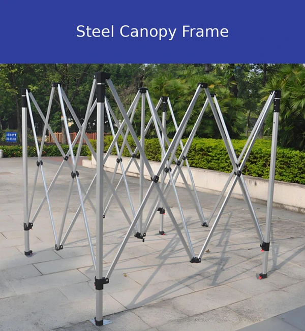 Extended silver folding canopy frame with scissor supports displayed outdoors
