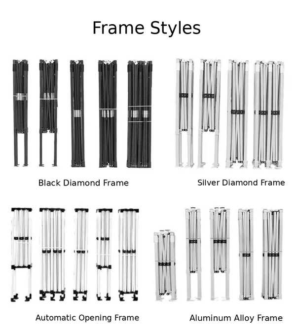 Folded canopy frames comparing black, silver, automatic opening and aluminum alloy options
