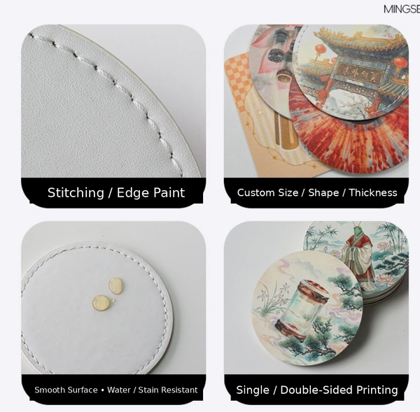 Coaster detail collage showing stitched edges, custom shapes, smooth surface and illustrated prints