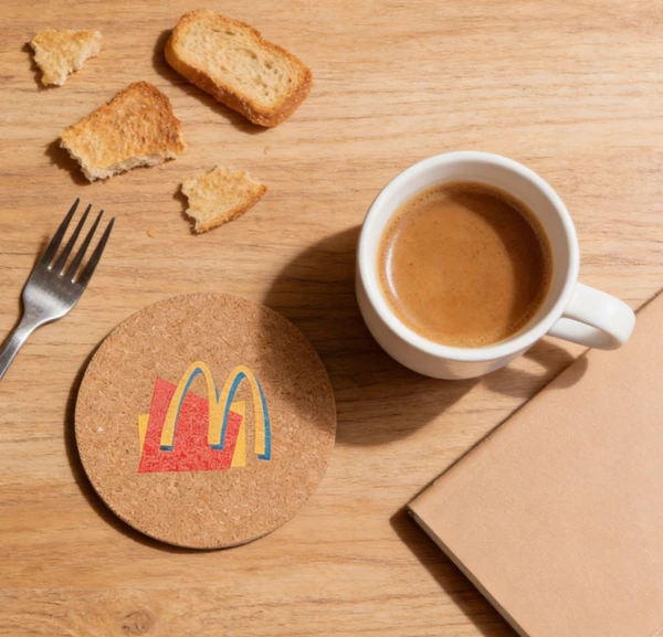 Round cork coaster with colorful McDonald’s artwork displayed beside an espresso cup, bread and cutlery on a wooden table