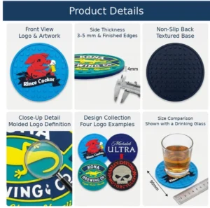 PVC coaster detail chart showing logo face, textured back, 4 mm thickness and 90 mm size example
