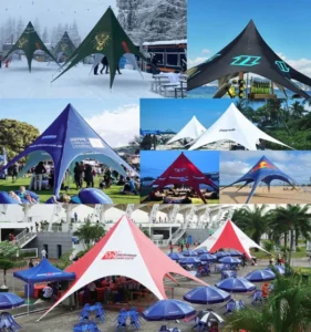 Collage of branded star tents at snowy, grassy and beach events with different colors and sizes