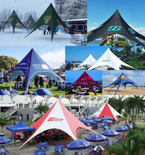 Collage of branded star tents at snowy, grassy and beach events with different colors and sizes