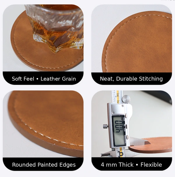 Brown round coaster detail collage showing stitched border, painted edge and a caliper reading 4.00 mm