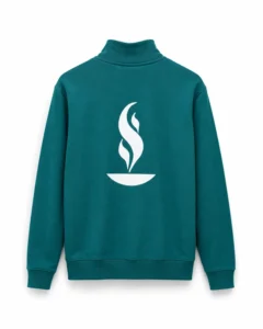 Back of a teal sweatshirt with a large white logo