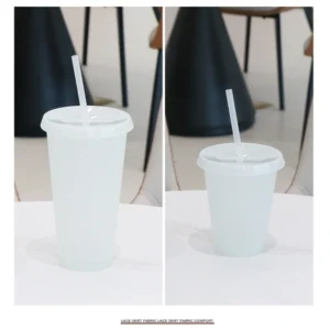 Large and small white tumblers with fitted lids and translucent straws